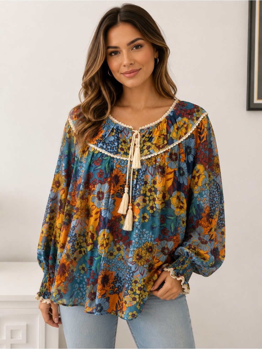 Floral Tie-Front Peasant Blouse - Teal Multi